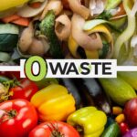 колаж от две изображения с хранителни остатъци и прясна храна и лого 0 waste