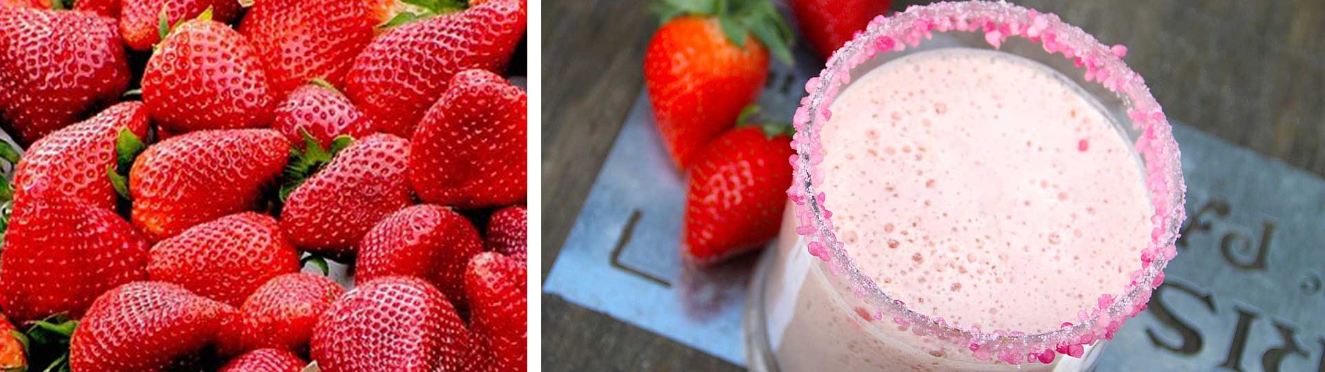 Колаж от две изображения с ягоди и разхлаждащ ягодов шейк с прясно мляко
