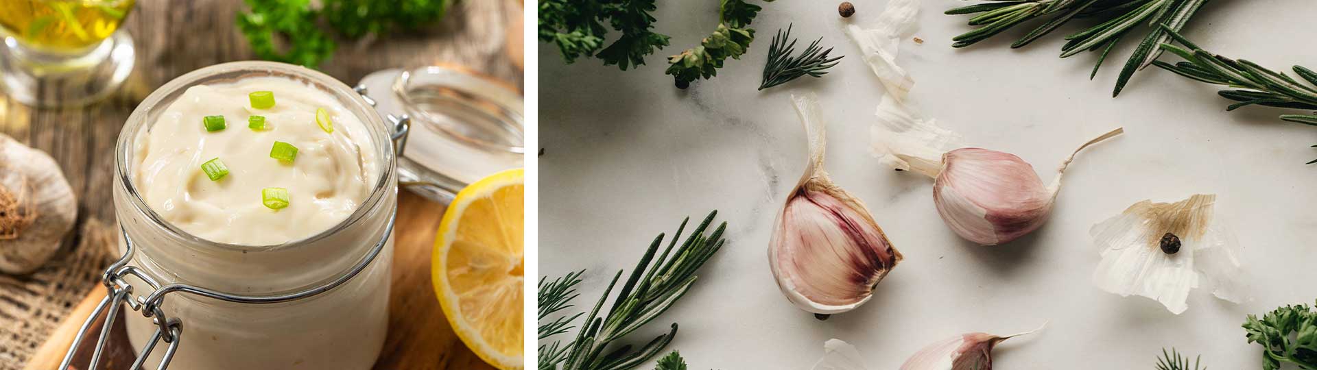 Колаж от 2 изображения: домашна майонеза от Mate Kitchen и сух чесън със зелени подправки