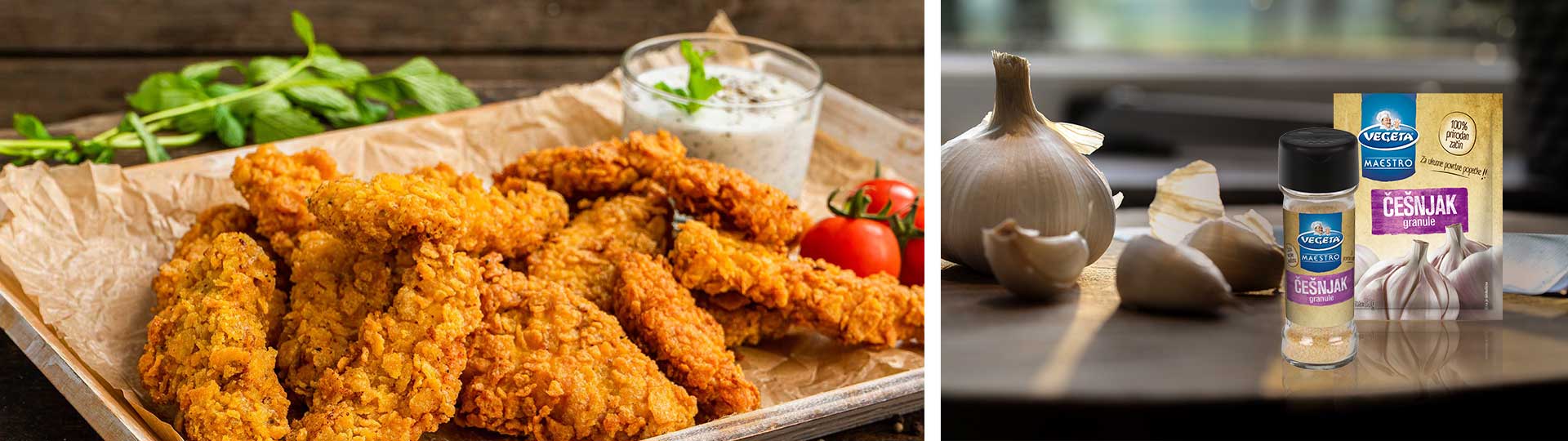 Колаж от две изображения: Хрупкави пържени пилешки хапки от Mate Kitchen и подправка сух чесън от Vegeta