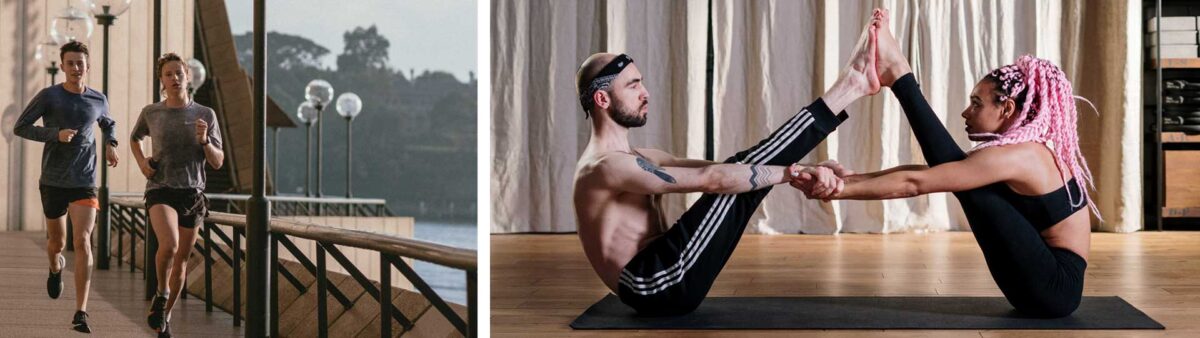 колаж от две снимки на тичаща двойка и двойка правеща йога