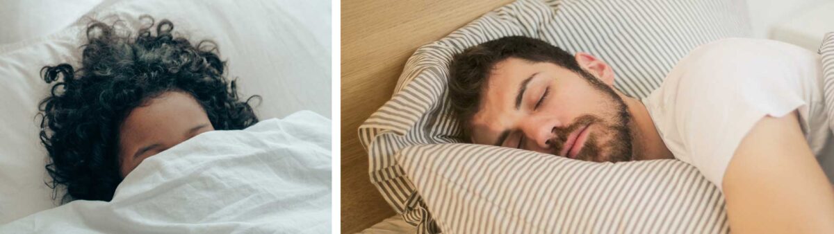 колаж от две снимки на спяща жена и спящ мъж