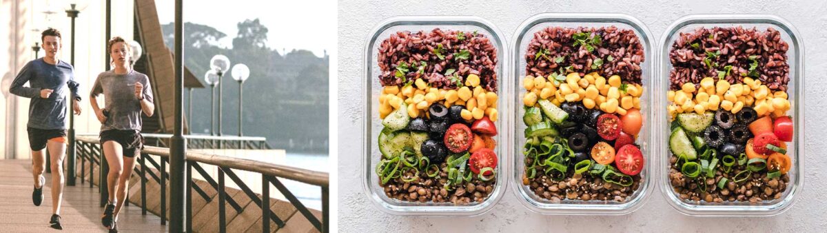 колаж от две снимки - тичаща за здраве двойка и разпределена за балансирано хранене храна в стъклени купи
