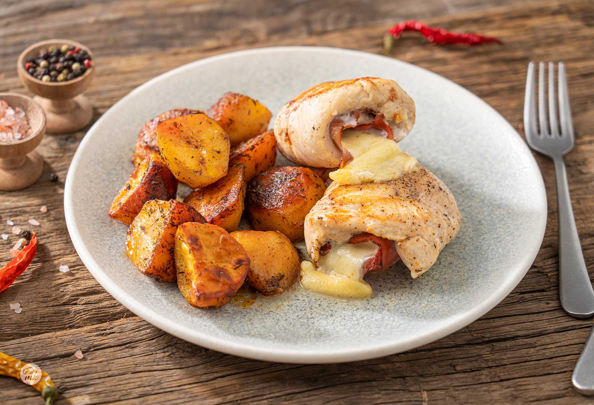 Пилешки рулца с прошуто и моцарела в бяла чиния с печени картофи, снимани отпред