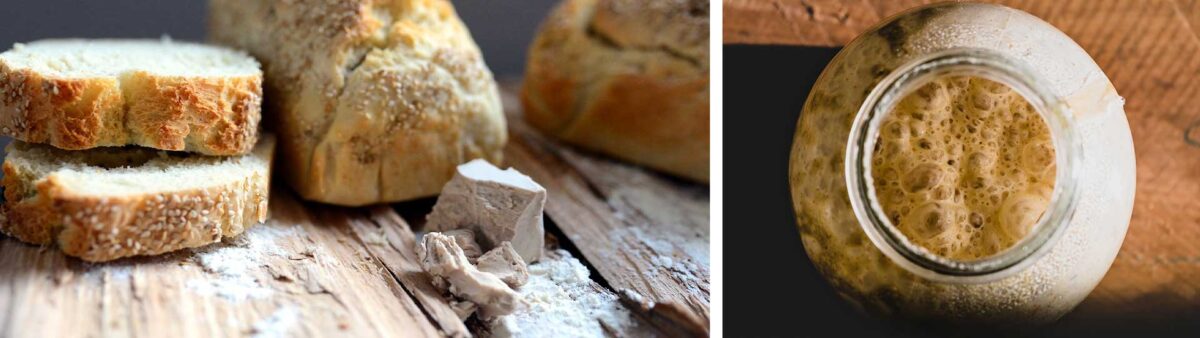 колаж от 2 изображения - хляб и мая, и квас в буркан