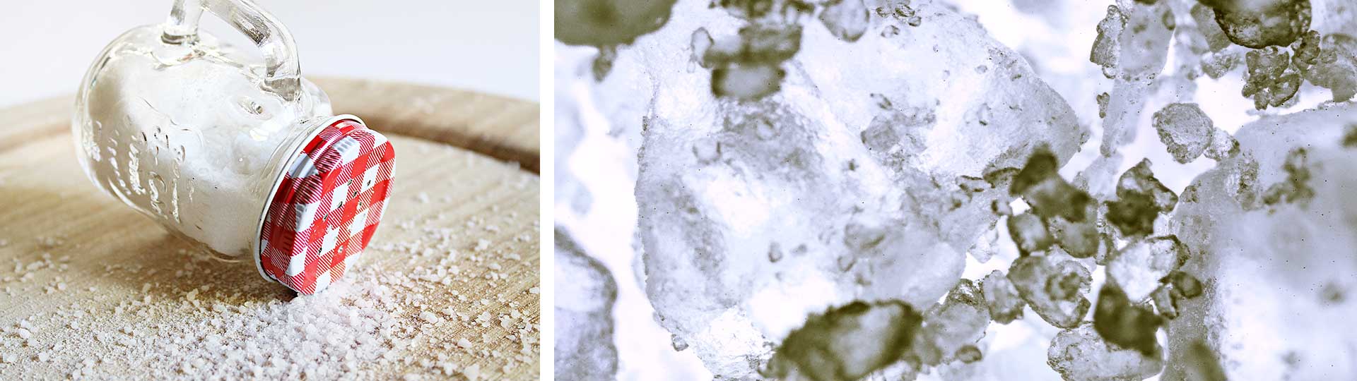 колаж от 2 снимки с бурканче със соло и кристали сол под микроскоп