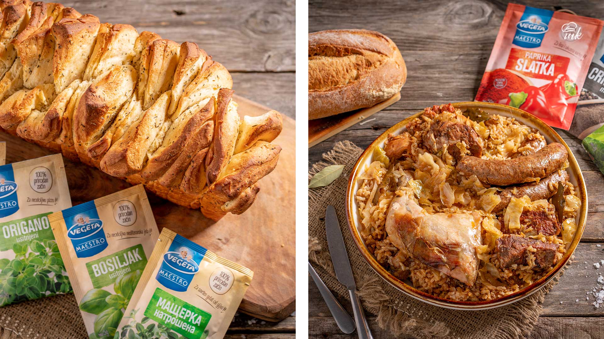 Колаж от две снимки на домашен хляб и капама с подправки на Vegeta