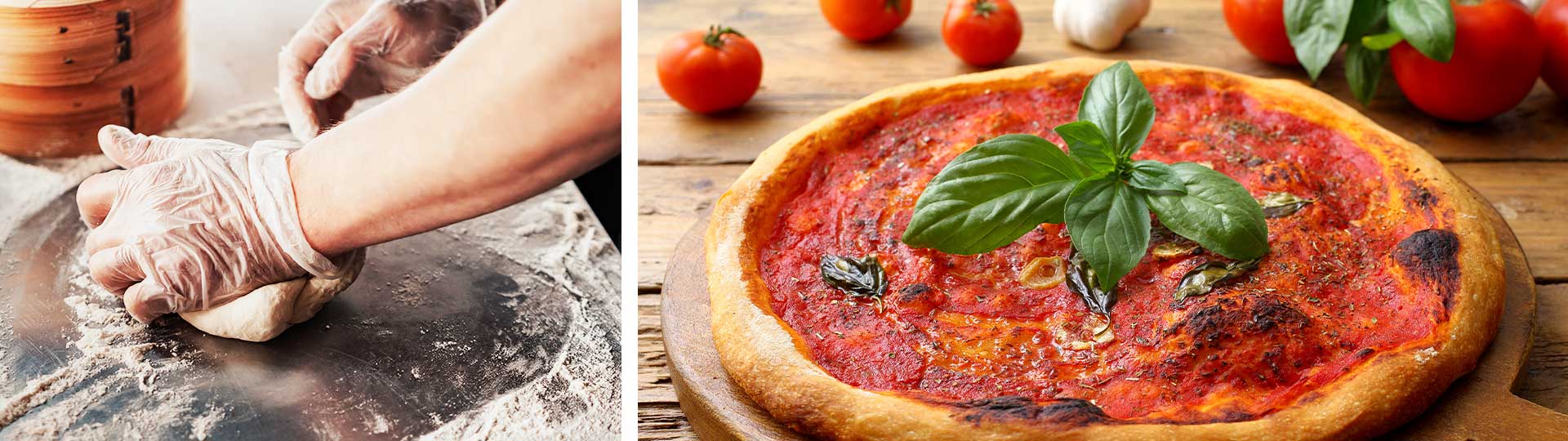 Колаж от две изображения: Pizzaiuolo приготвя тесто и писа Маринара.