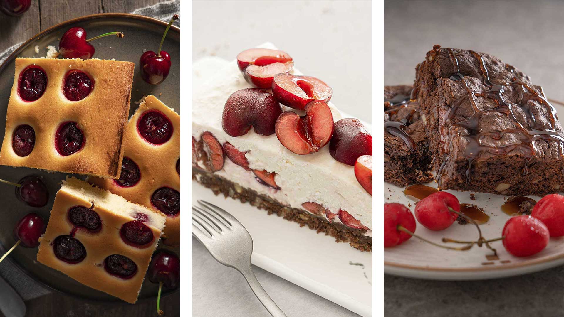Колаж от 3 снимки с десерти с череши