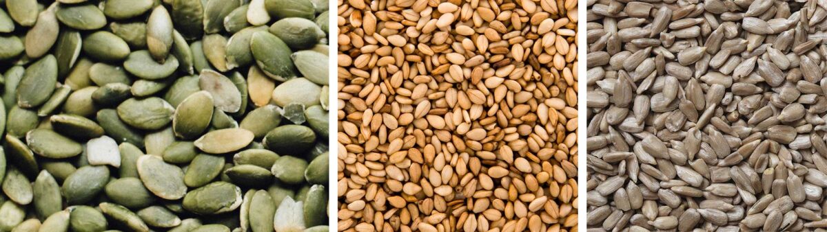 колаж от 3 изображения с полезни семена - тиквени, сусам и слънчогледови