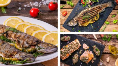 Колаж от три изображения на ястия от риба, пъстърва и сьомга