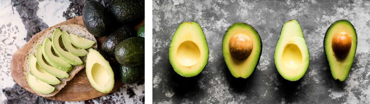 Колаж от две изображения с разрязано авокадо