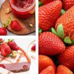 Колаж от три снимки на ягоди, ягодово парфе и сладко от ягоди