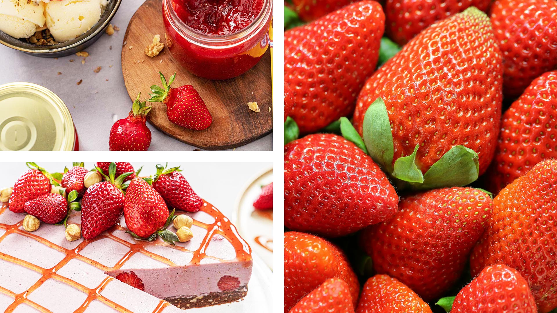 Колаж от три снимки на ягоди, ягодово парфе и сладко от ягоди