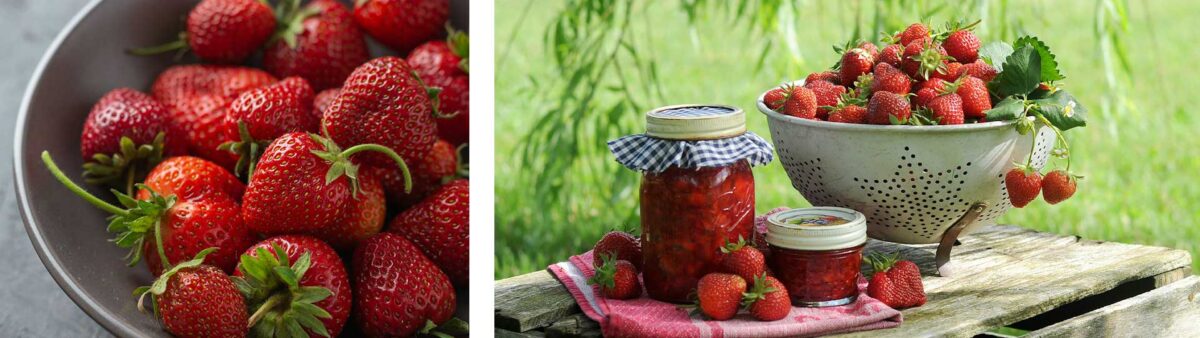 Колаж от 2 изображения с купа ягоди и буркани сладко от ягоди