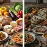 Изображение с храни и хранителни продукти разделено на две оп вертикала, като в ляво имаме свежи, а в дясно развалени продукти и храни