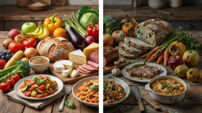 Изображение с храни и хранителни продукти разделено на две оп вертикала, като в ляво имаме свежи, а в дясно развалени продукти и храни